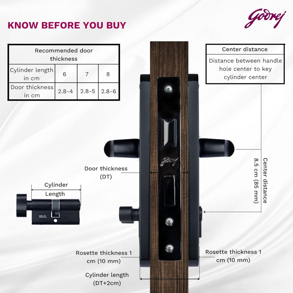 Godrej Mortise Lock I Handle Set 1CK EM01 I Matt Black Finish I 6-Lever Lock I 3 Keys I Double Throw I Left or Right Handed Door Operation I Mortise Lock with Latch for Home | 5 Years Warranty